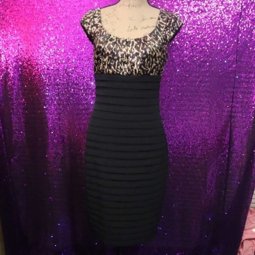 London Times Animal Print Tiered Bandage Sheath Dress Black Brown Size 8